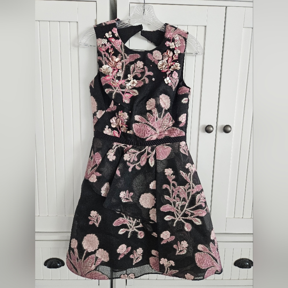 Marchesa Notte Black Dress with Pink Floral Embroidery and Embelishments
